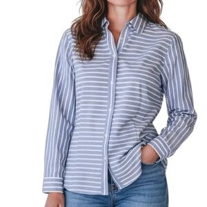 CHICO'S Size 1 US M Wrinkle Resistant Long Sleeve Blue Striped Shirt 100% Cotton